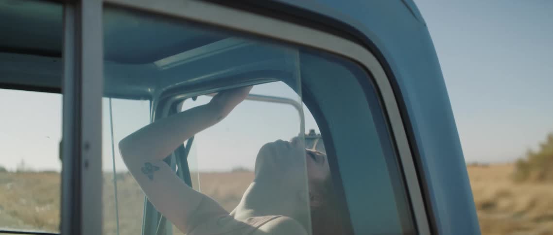 A woman in a vehicle with her head out the window with a landscape the sky and clouds in the background