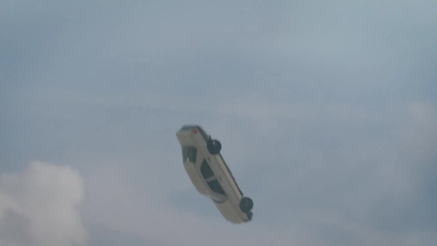 A view of a car falling through the air