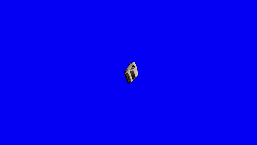A car rotating in front of a bright blue background