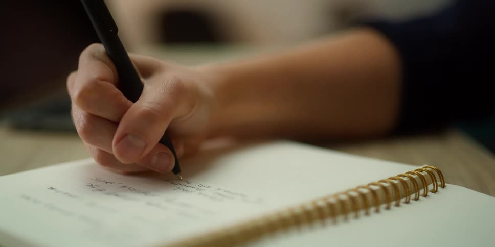 Woman with black shirt writes down on notebook
