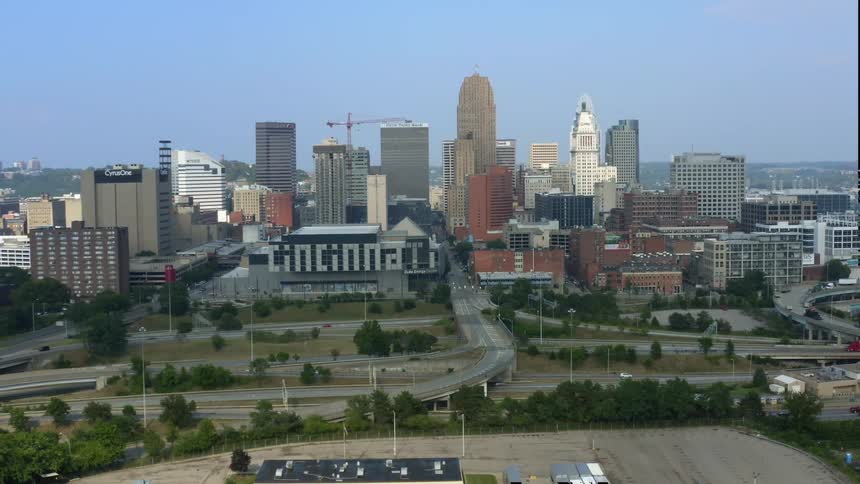 An aerial view of the cincinnati skyline in the daytime