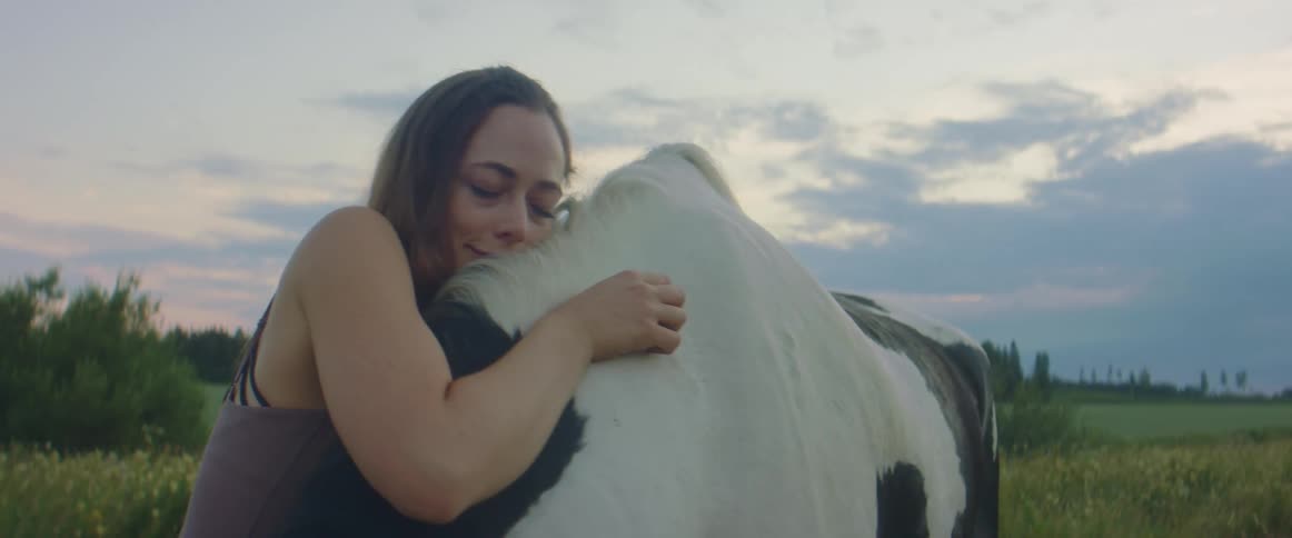 Young woman hugs a horse on a grass field at sunset