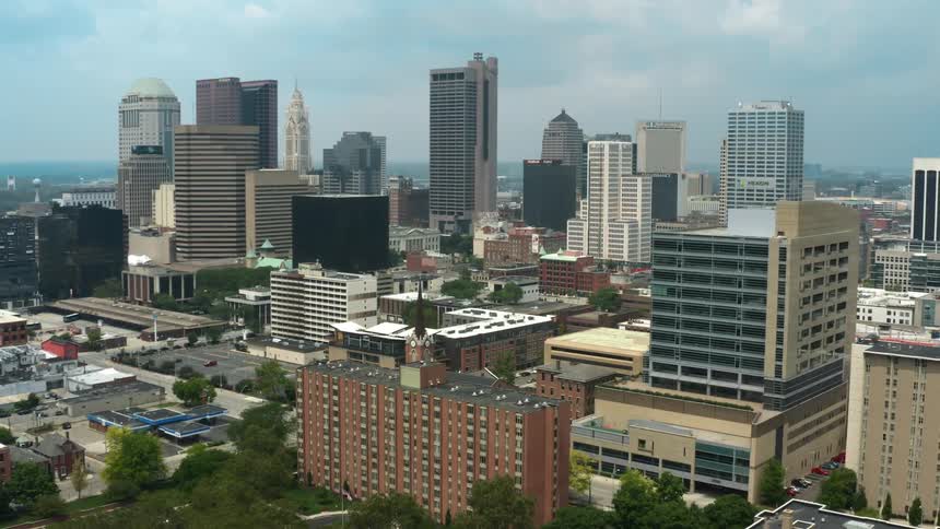Aerial shot of a city downtown