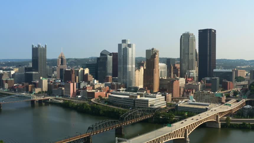 Aerial shot of a city downtown