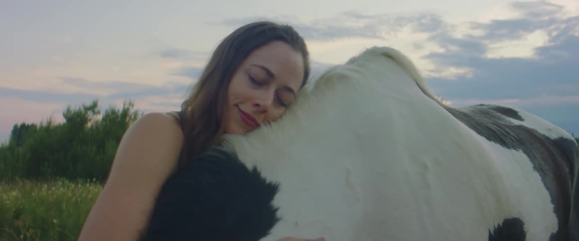 Young woman hugging a cow in a grass field at sunset