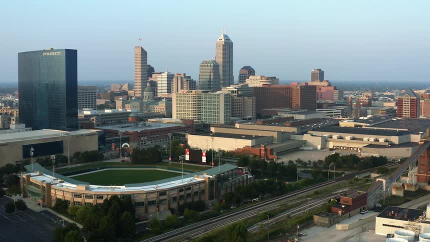 Aerial view of a city with multiple high rise buildings visible at a distance