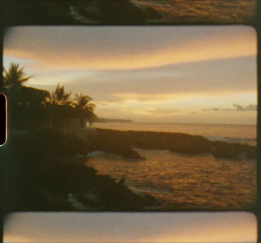 Water crashes against shore lined by palm trees as red tinted sky sits on horizon over ocean