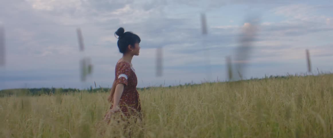 Woman with patterned dress walks through wild grass