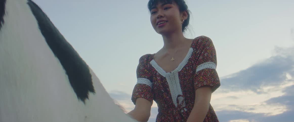A woman is smiling while sitting on and petting a horse at dusk