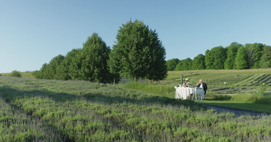 Elderly man and woman sit at table and talk to each other in the open field next to country road