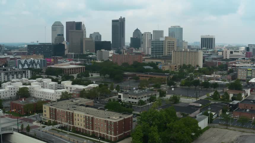 Aerial view of the skyline of skyscrapers on the city downtown