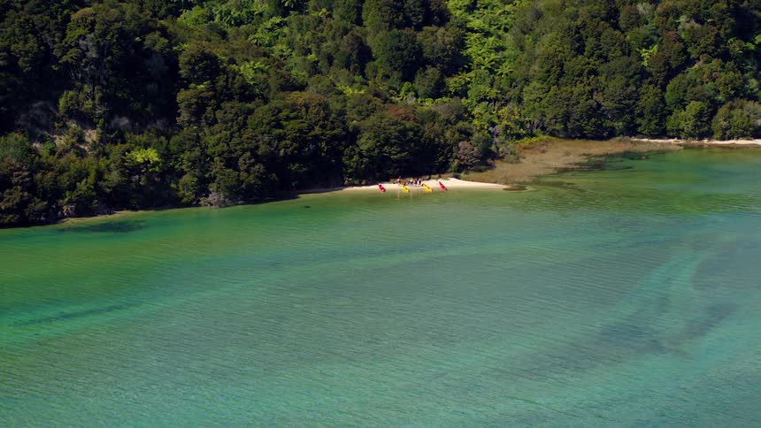 Group of people in front of kayaks on the sand beach next to the ocean