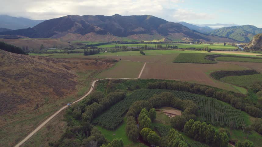 Fields of cultivated crops on a valley between mountain ranges