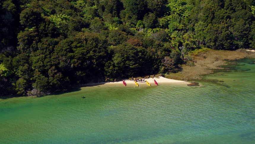People are standing by the canoes on the shore