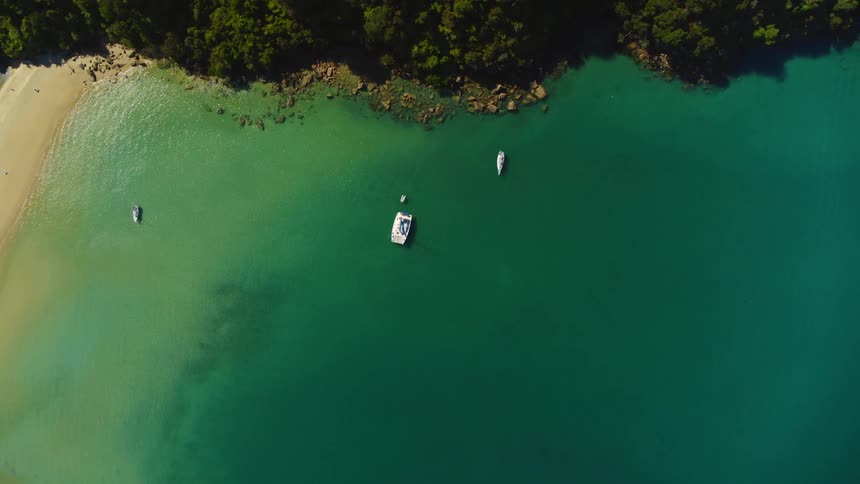A beach with sand with boats in the water next to trees