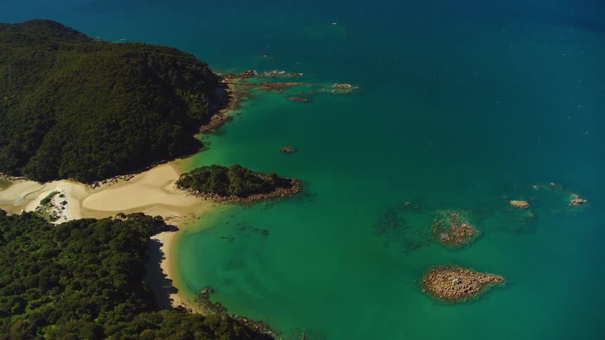 The coast of a landmass covered in forest during the day