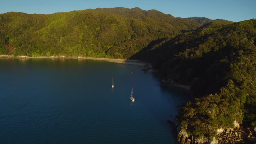 Boats in the water and forested mountains along the coastline