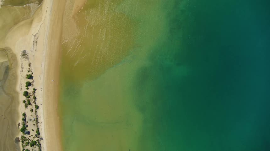 Aerial view of small boats floating on the green waters near the coast