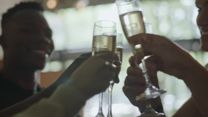 Friends cheer with champagne over lunch celebration