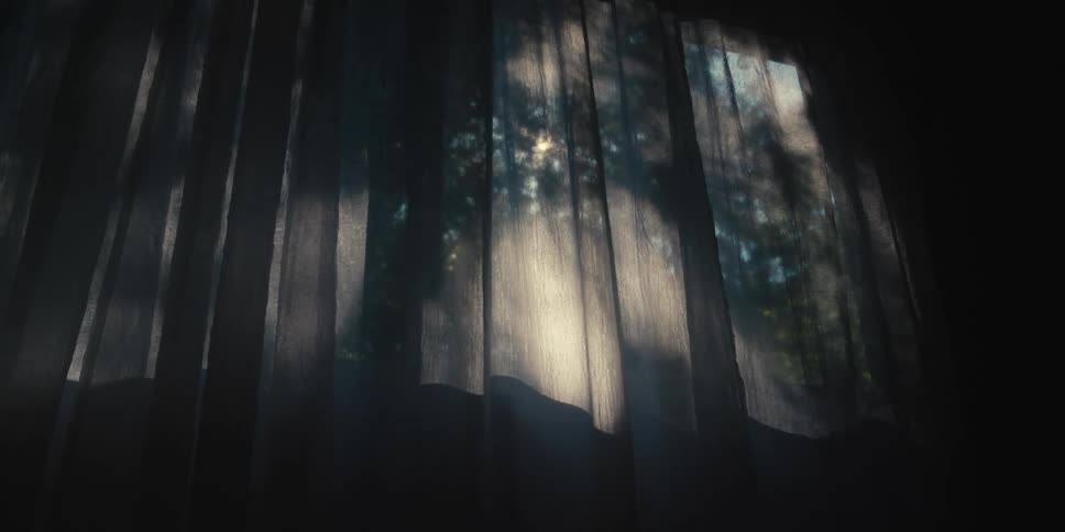 Light filters through a curtain covering a window on a dark room