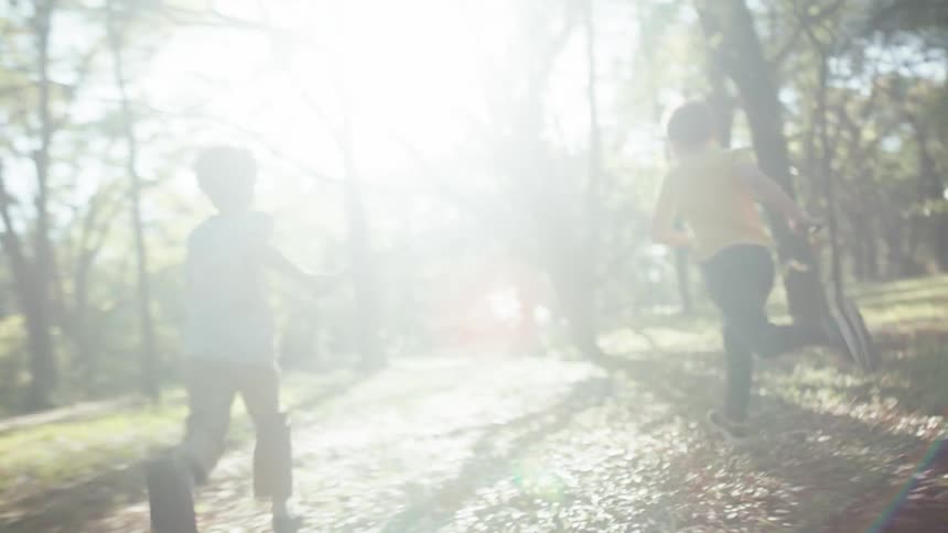 Two boys are playfully running in a forest area while holding sticks