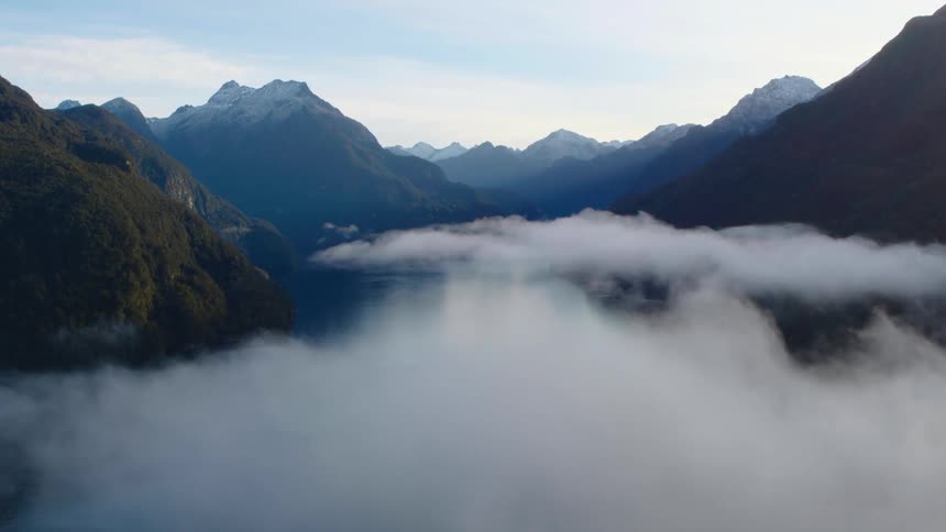 Aerial shot of a lake in a mountain with clouds