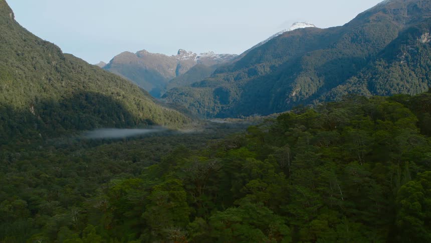 Building surrounded by forest on the valley between mountains at morning