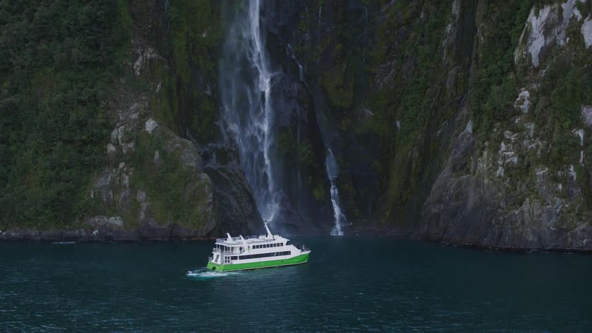 A ship on a river with a rocky cliff and waterfall in the background