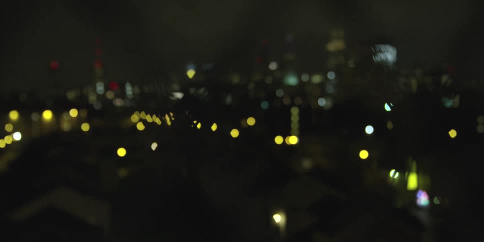 A city through a fence at night