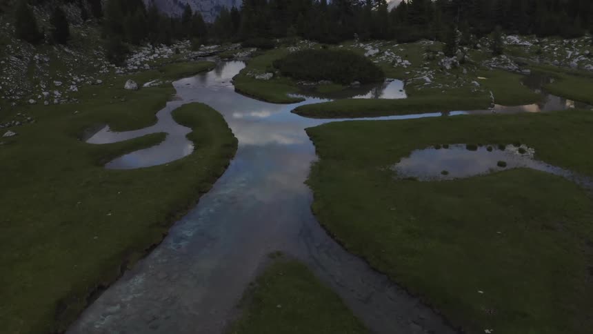 Aerial shot of a river in a mountain valley