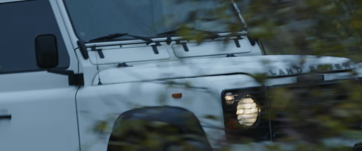 A vehicle with headlights driving surrounded by plants and leaves