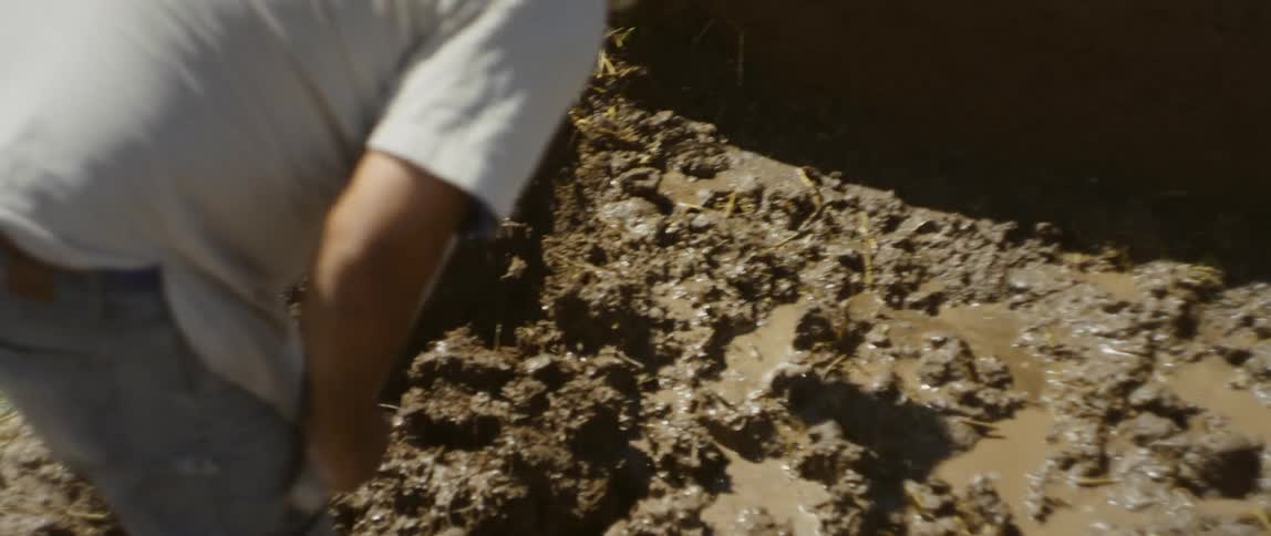 A man is digging in the dirt with a hoe