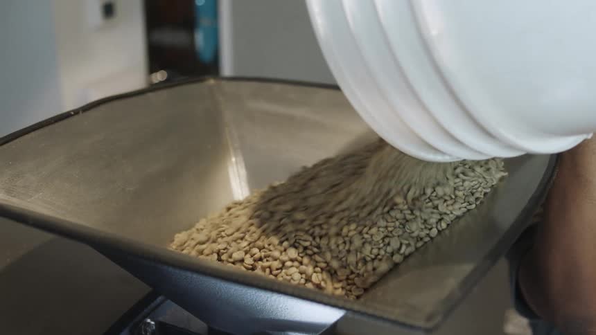 A man with glasses in a room pouring a bucket of beans into a machine with a wall in the background