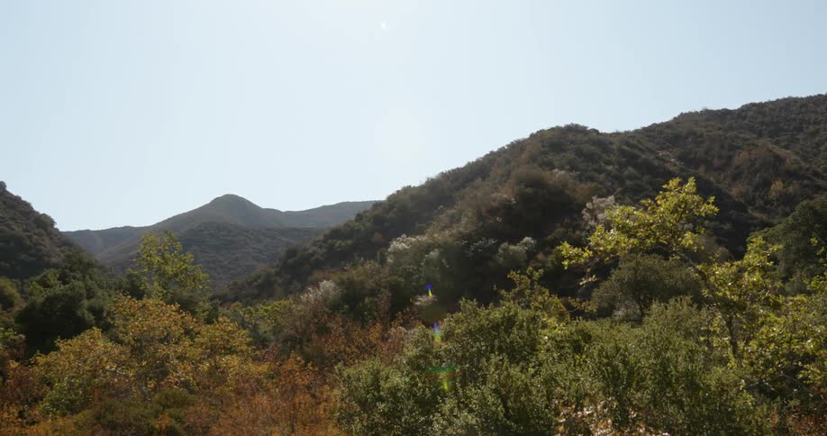 Scrub covered hills and mountains stretch to horizon under clear blue sky