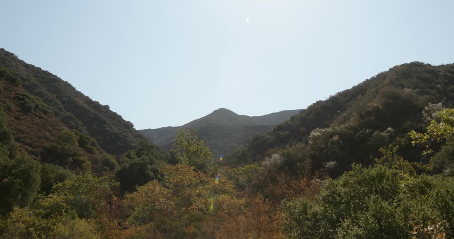 The sun is shining on forested mountains on a clear day
