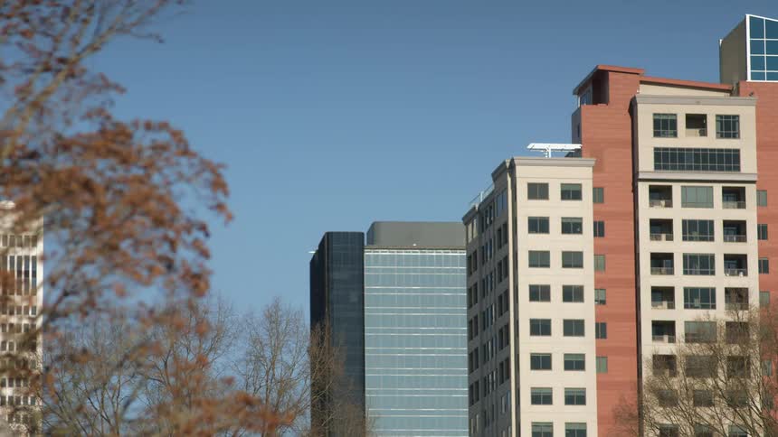 Leafless trees and fall foliage stand near apartment building under clear blue sky