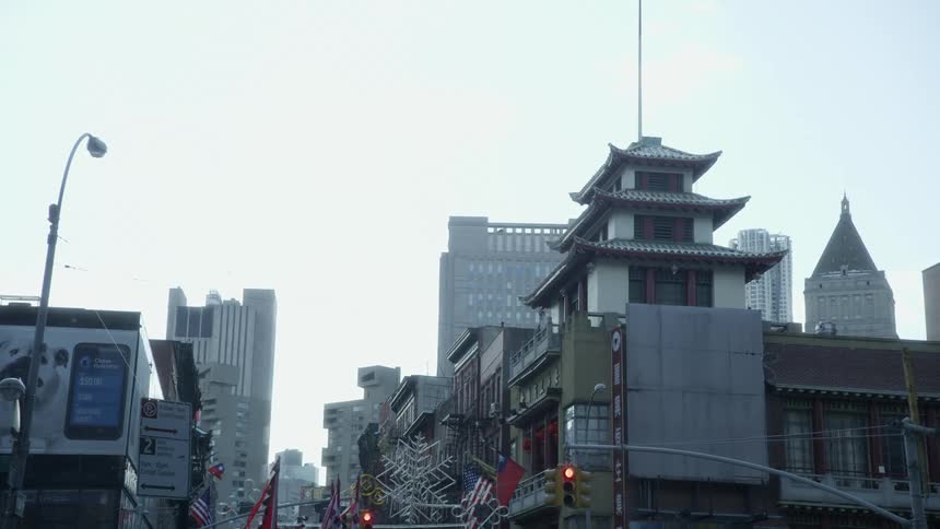 Signs flags and buildings in a city in china