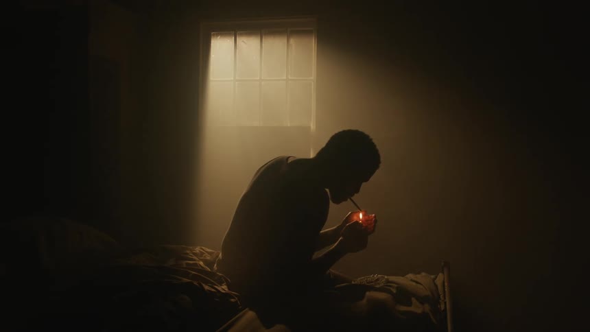 A silhouette of a person in a room sitting on a bed smoking a cigarette with a wall and window in the background