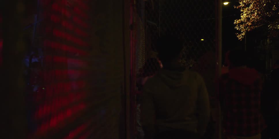 A person stands behind a fence near flashing police lights