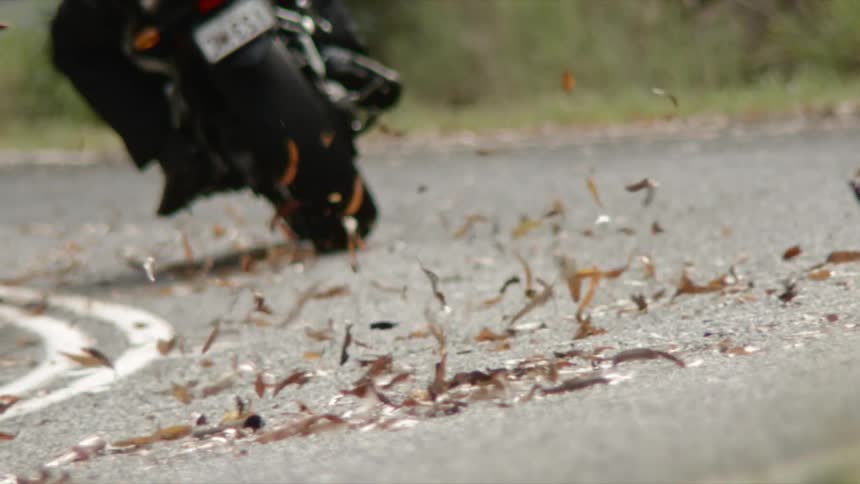 A person is traveling on the road with their motorcycle
