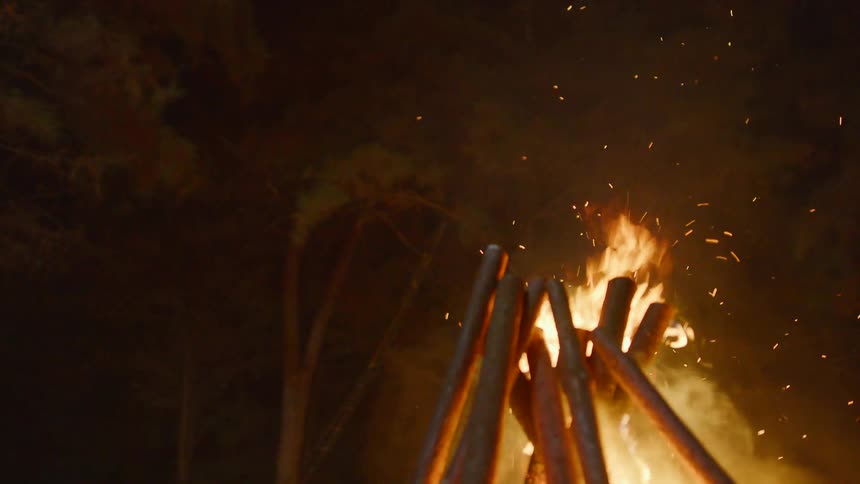 Embers flicker off a campfire in the woods