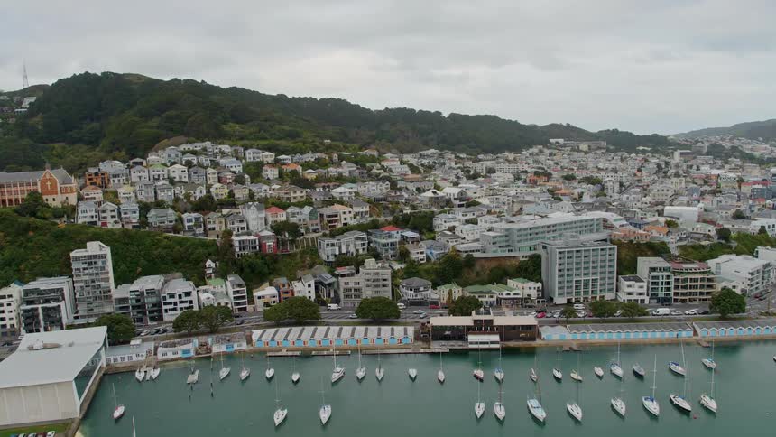 Boats docked in the lake next to the city as cars travel on the streets and mountains sit in the distance