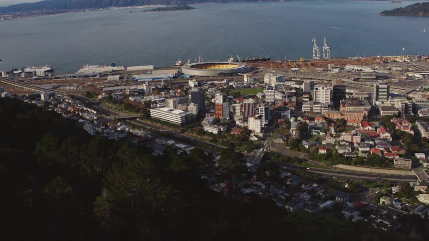 A hill slope reveals a waterfront city with harbor side stadium