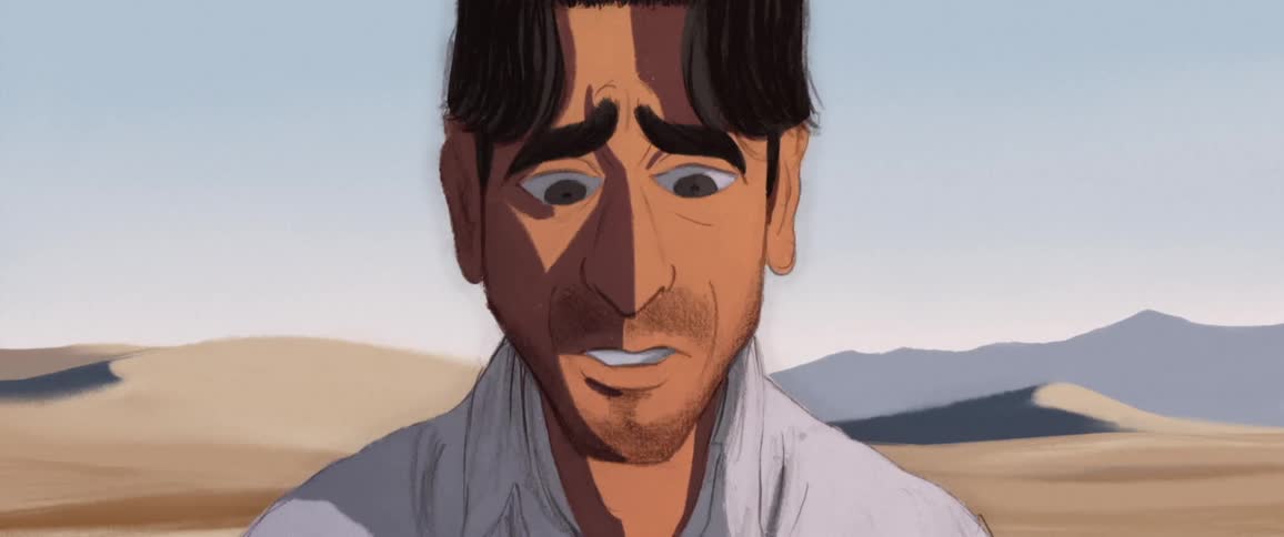 Figure of man kneeling on sand is transitioned to animated figure who examines hands and yells at second animated man who starts to dissolved to sand