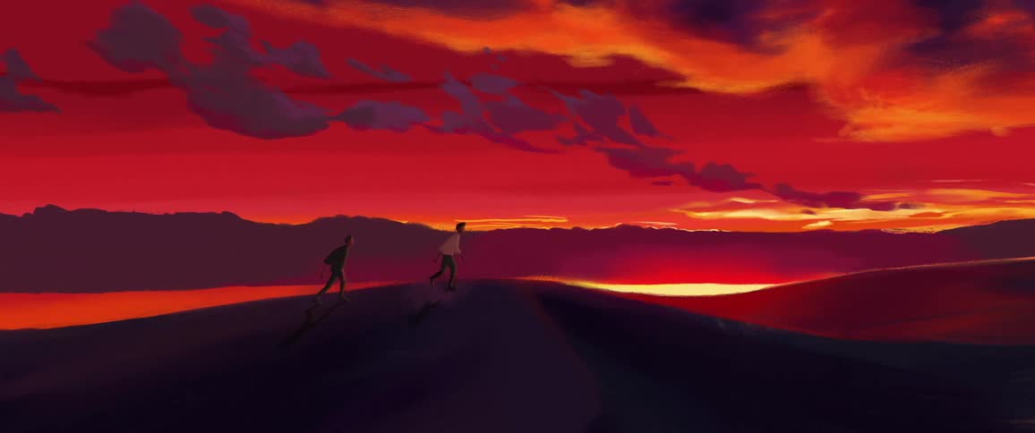 Broad strokes create animation of two people moving over a sand dune in bright reds and purples