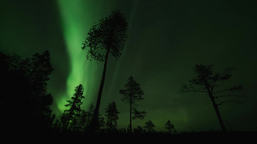 Waves of powerful northern lights dancing wildly in the sky