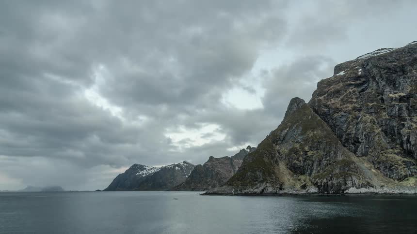 Time-lapse of some water next to large hills on a very cloudy day