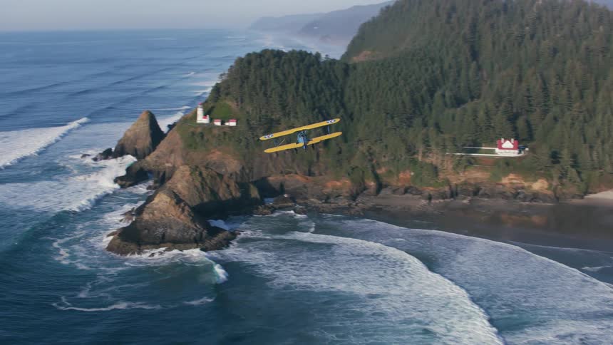 A plane is flying around the shore line