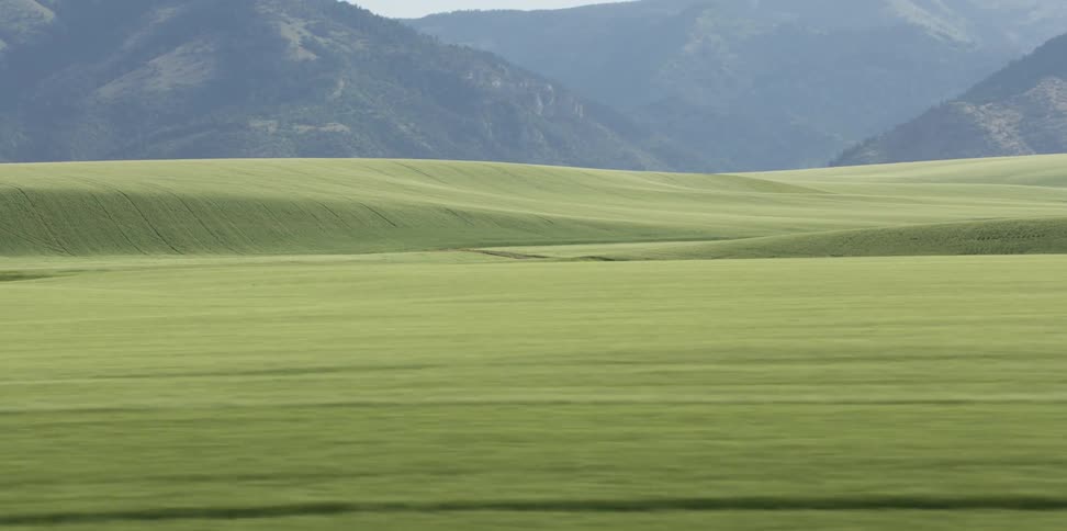 Green fields with hills and distant mountains seen from a moving vehicle