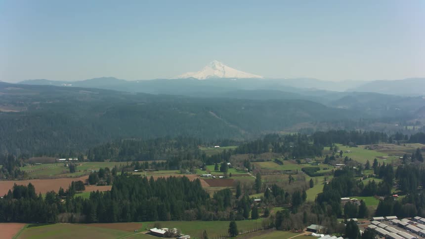 A snow capped mountain on the horizon above farm fields and buildings